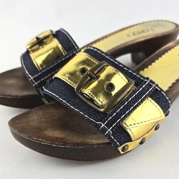 Faith Women's Gold Denim Slip On Upper Buckle Strap Mule Sandal Sole Size 6 - Picture 8 of 16